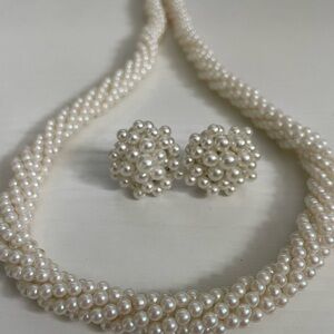 Vintage Faux Pearl Multi-Strand Twist Choker Necklace & Earrings 28" Long